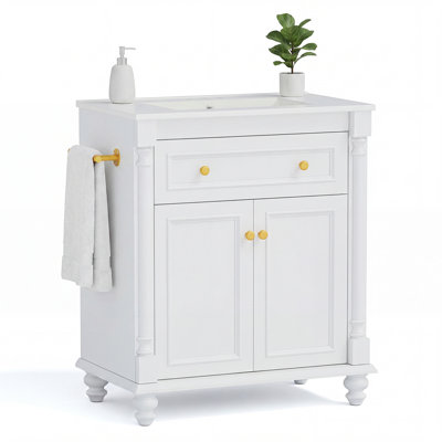 Meuble-lavabo autoportant traditionnel de 30,3 po avec lavabo en céramique intégré, armoire à double porte, tiroir de rangement et barre à serviettes latérale