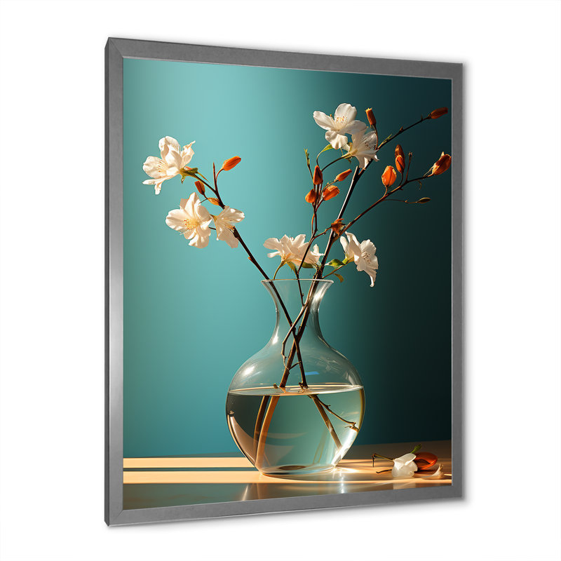 "Turquoise Flower Vase Tranquility I", reproduction d'art sur toile, Cadre simple argenté, H 32 po x l 24 po x P 1 po