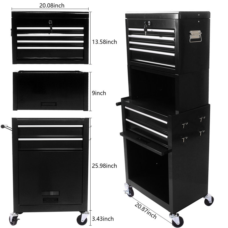 Coffre à outils 2 en 1 avec 6 tiroirs verrouillables pour garage et atelier de 4 po, Noir