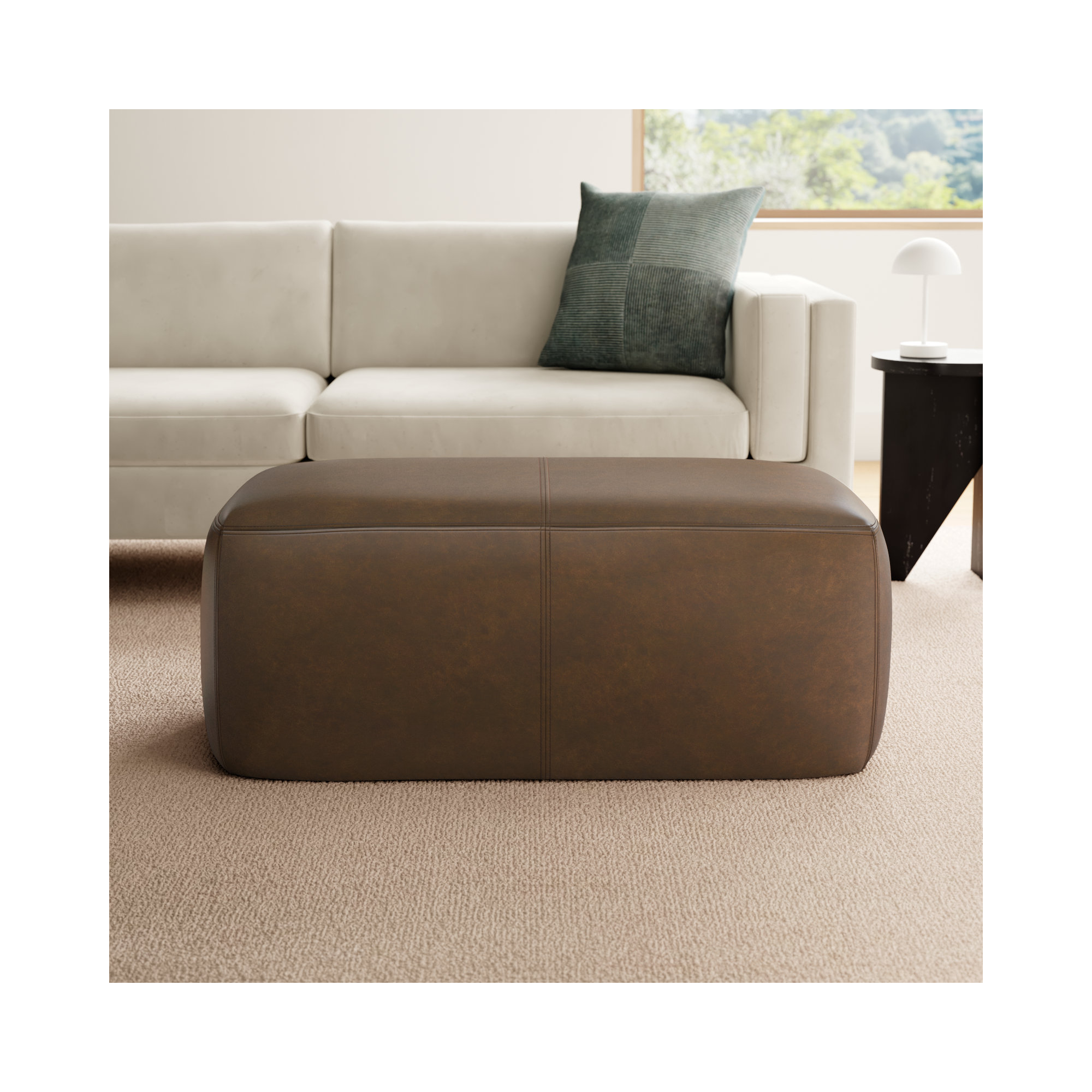 Denver Full-Grain Genuine Italian Leather Ottoman, Cocoa Brown Genuine Leather