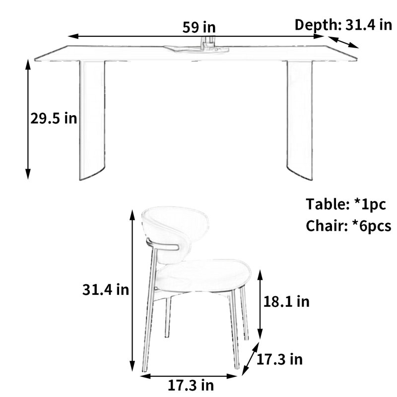 Table et chaise de salle à manger minimaliste moderne, H 29,5 po x L 59 po x l 31,4 po
