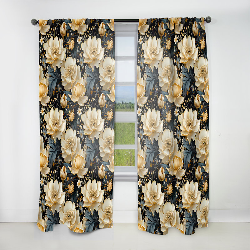 Luxurious Gold And Grey Flowers Pattern I - Cottage Velvet Curtain - Room Darkening - 1 Panel, 52" W x 120" L