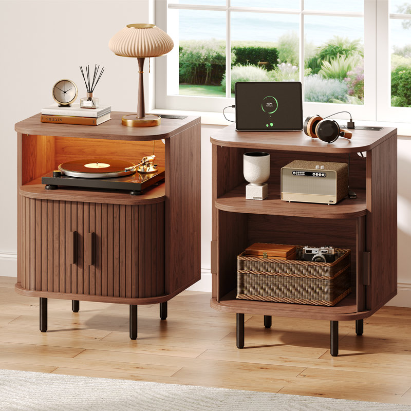 2-Pack End Table With Charging Station And LED Light(Set Of 2), Walnut