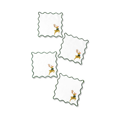 Prancing Reindeer Embroidered Cocktail Napkins – Set of 4