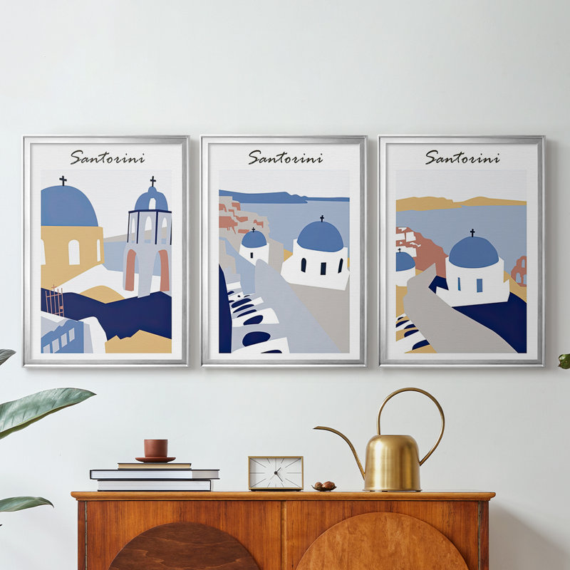 Santorini Grèce I - Toile tendue avec châssis sur mesure - 3 pièces, H 21 po x l 30 po, Argent argent
