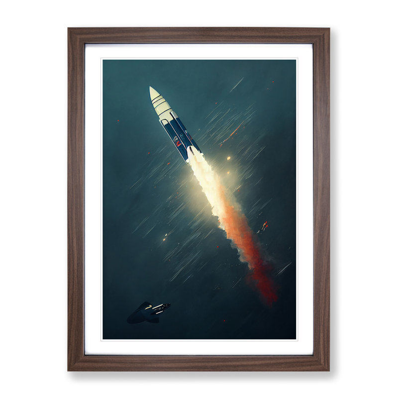 Spectacular Spaceship Rocket - Single Picture Frame Painting, 46cm H x 34cm W x 2cm D, Brown Framed
