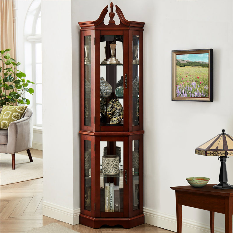 Walnut Curio Cabinet With Mirrored Back, Adjustable Tempered Shelves & Lighting System Corner Lights, Backing Panel