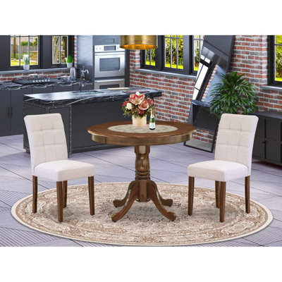 3 Piece Modern Dining Set consists A Dinning Table and 2 Light Gray Faux Leather Dinner Chairs, Antique Walnut