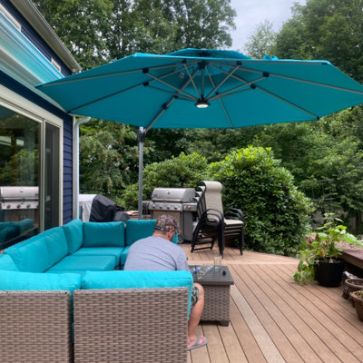 13 Feet Outdoor Double Top Ronud Deluxe Lighted Cantilever Umbrella With Base,Turquoise Blue