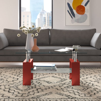 Fraiya Rectangle Coffee Table with Tempered Glass & MDF Storage Shelf, Modern Living Room or Office Center Table