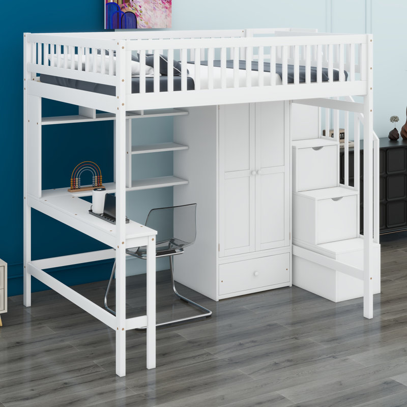 Loft Bed With Bookshelf,Drawers,Desk,And Wardrobe, White