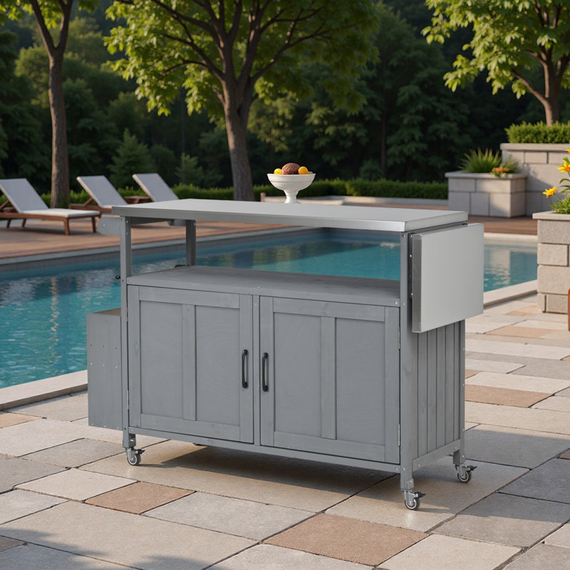Îlot de cuisine pliable pour l'extérieur avec chariot verrouillable, Gris