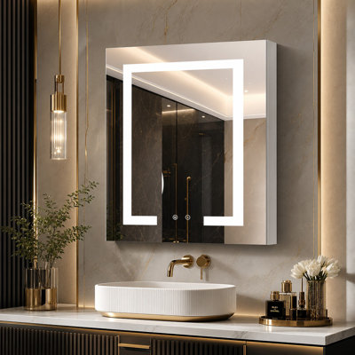 LED Bathroom Medicine Cabinet with Lighted Mirror, 3 Color Stepless Dimmable, Anti-Fog, Aluminum Wall Mounted , 24”W x 30”H