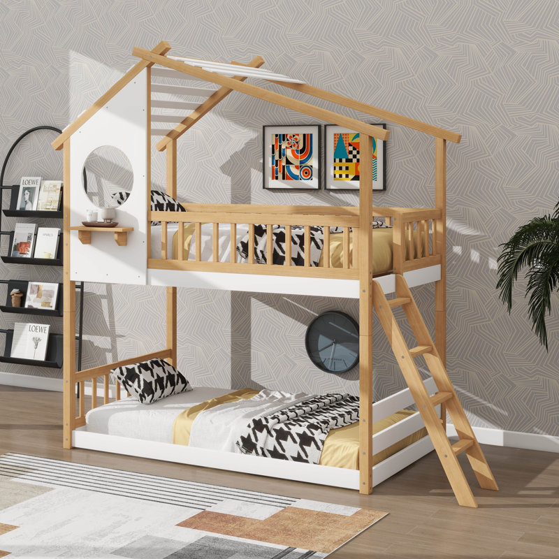 Wooden Twin-Over-Twin Bunk Bed With Roof, Window, Ladder, And Safety Rails