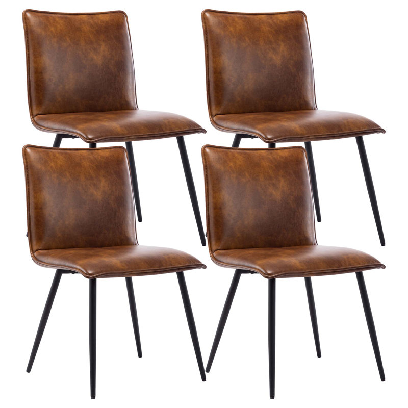 Keava 19" Wide Modern Farmhouse Dining Side Chair in Distressed Leather with Natural Shading, Yellowish Brown, Black