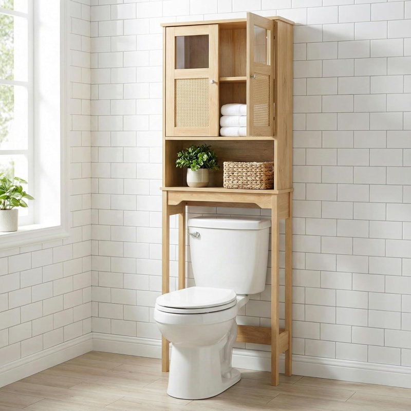 Armoire de rangement en bois naturel avec portes doubles et tablettes ouvertes - Organisateur de buanderie peu encombrant
