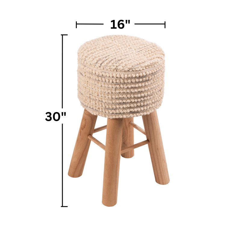 Modern Round Counter Height Barstool, 24 Inch Counter Height, Soft Padded Upholstered Backless Seat with Ethnic Pattern, Farmhouse Style, Kitchen Island/Breakfast/Pub, Mid-Century Natural Wooden Base, Multicolor