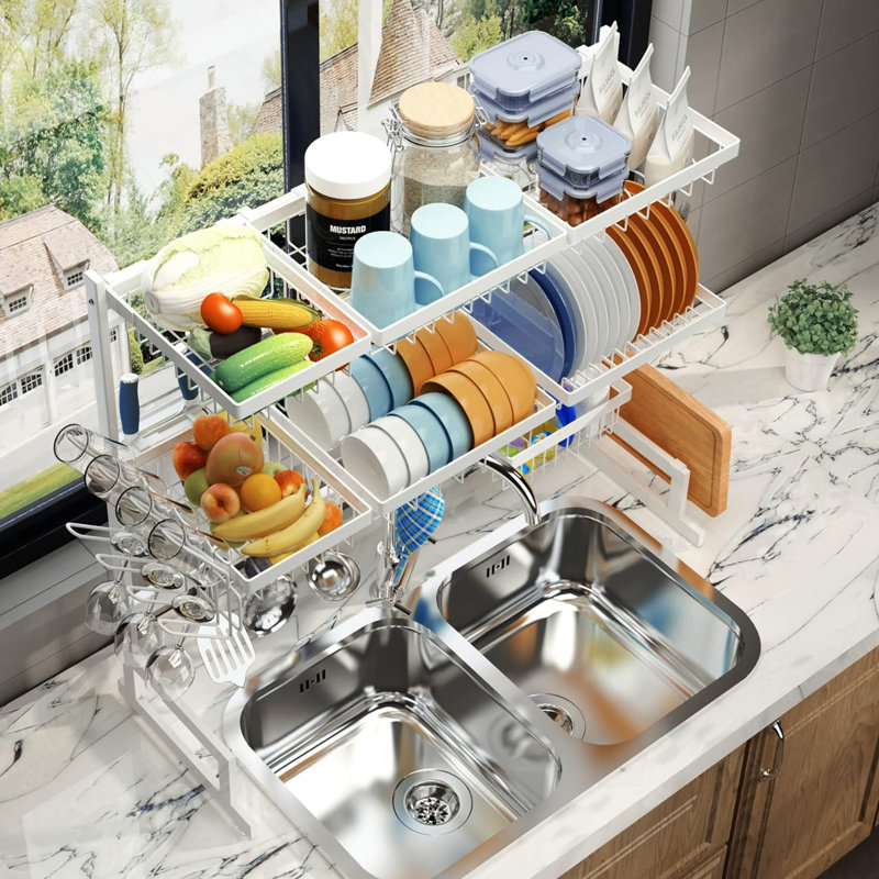 Séchoir à vaisselle à 3 niveaux réglable en acier inoxydable pour optimiser le rangement et l'organisation de la cuisine (34 po à 46 po)