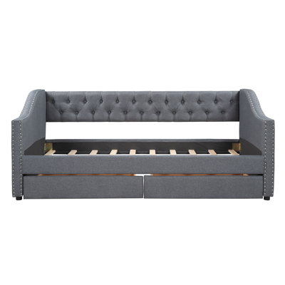 Upholstered Twin Size Daybed With Two Drawers, Wood Slat Suppor