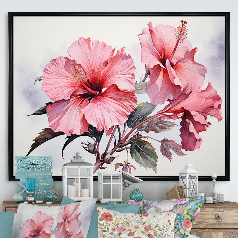 Hibiscus rose, H 34 po x l 44 po x P 1,5 po, Cadre flottant noir