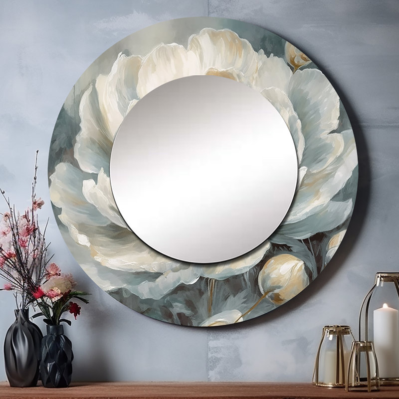 Olaiya blanc bleu pivoines symphonie II - miroir mural unique pivoines, miroir rond moderne, art imprimé en métal