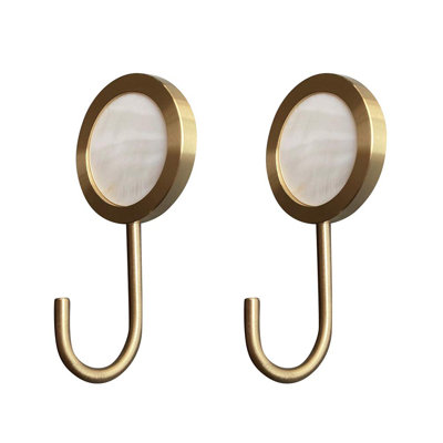 Crochets muraux décoratifs en laiton massif, supportant jusqu'à 4 lb, auto-adhésif sans dommages, sans trous, crochets dorés brillants (coquillage blanc - paquet de 2)