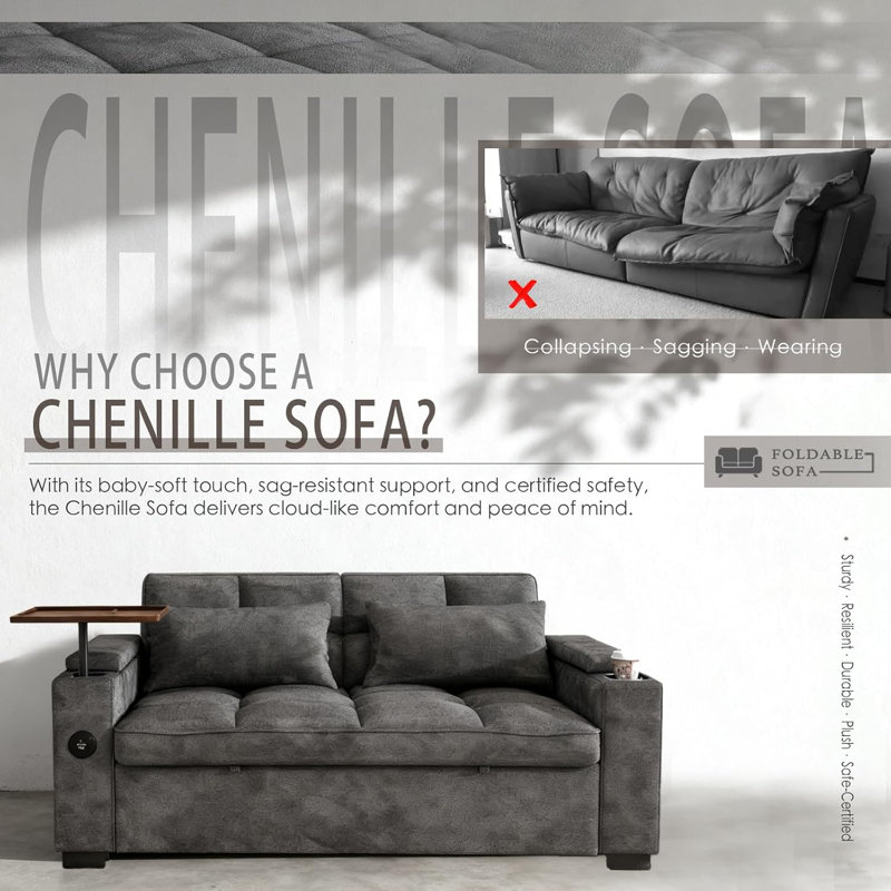 68-Inch Tufted Sleeper Sofa With Rotating Side Table, Cup Holders & USB Ports, Dark Gray