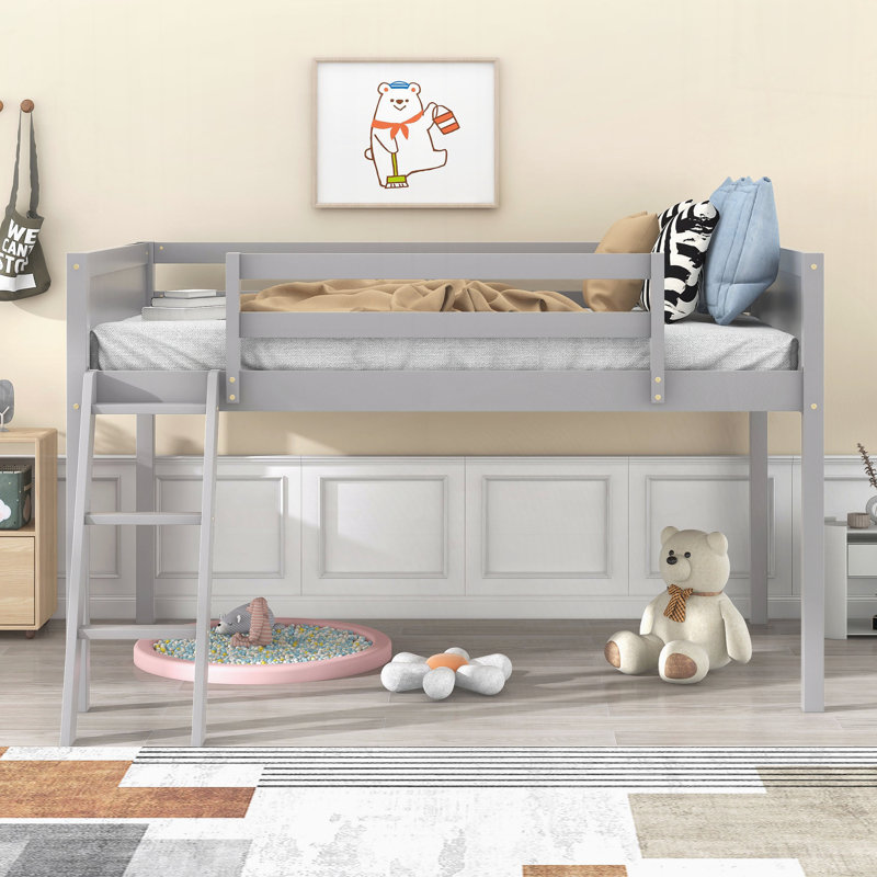 Lit mezzanine bas en bois avec échelle, Gris, Lit simple