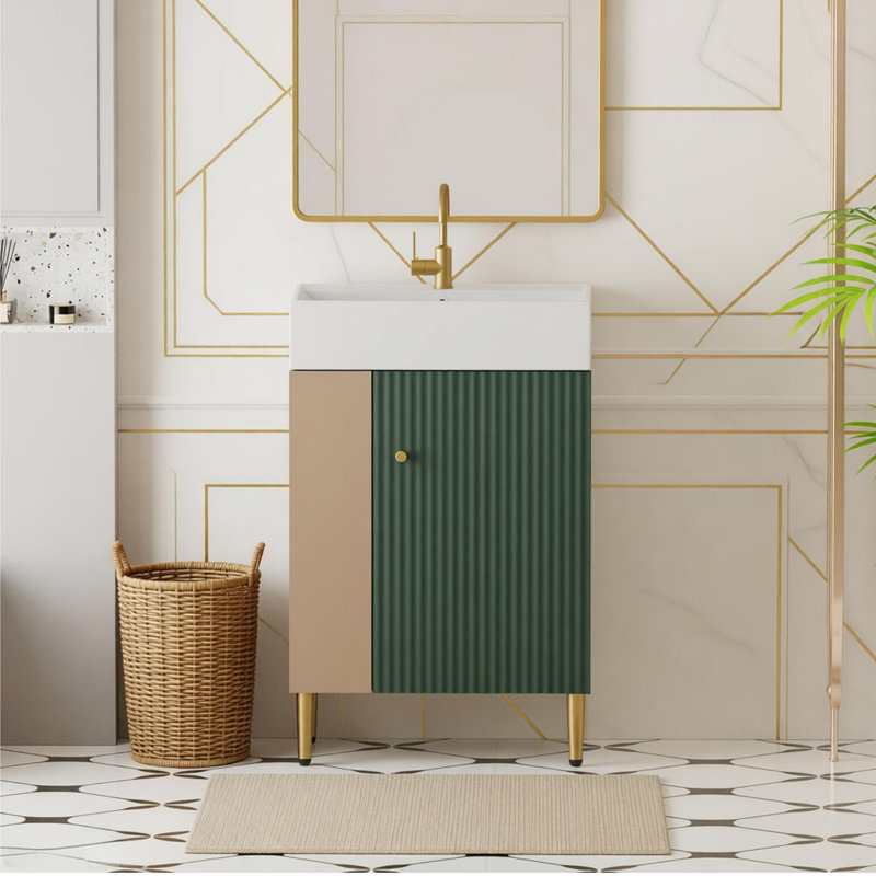 Meuble-lavabo à tablettes ouvertes 21,6 po avec lavabo en céramique et porte à fermeture douce, assemblage requis, Vert