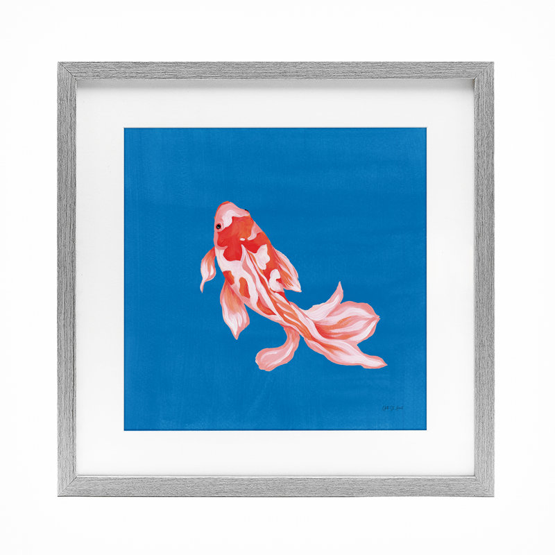 «Blue Vibrant Koi Fish», reproduction sous verre encadrée, design par Yvette St. Amant, Cadre de ferme gris