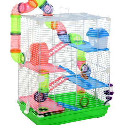 Cage en métal à 5 niveaux de 18 pouces pour les hamsters et comprenant des tubes, des tunnels, une poignée portative, une bouteille d'eau, un plat à nourriture, une roue d'exercice, une disposition confortable et bien aérée, gerbille de hamster requise pour l'assemblage