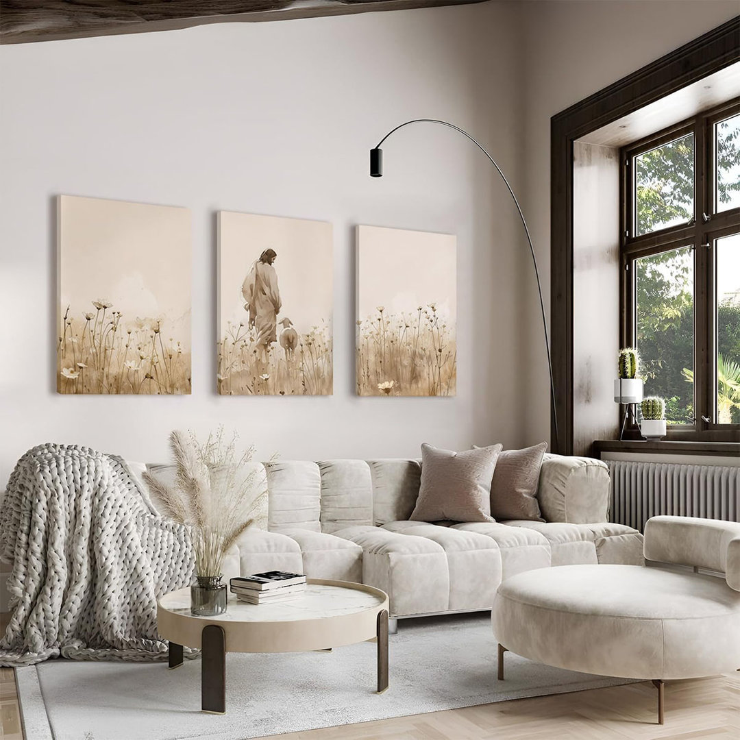 Jesus Christian Canvas Wall Art,Jesus Leaves the 99 Sheep Pictures Painting Set of 3 Lost Lamb Posters Christ Shepherd Artwork Religious Wall Decor fo