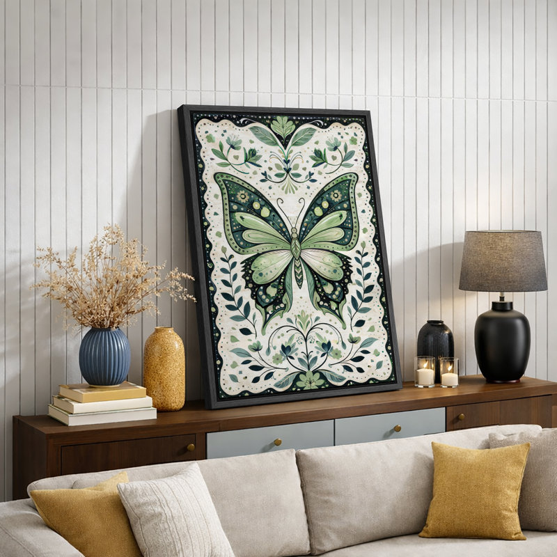 Œuvre d'art rétro à motif de papillons verts, photos de chambre à coucher, impression sur toile encadrée, Cadre noir