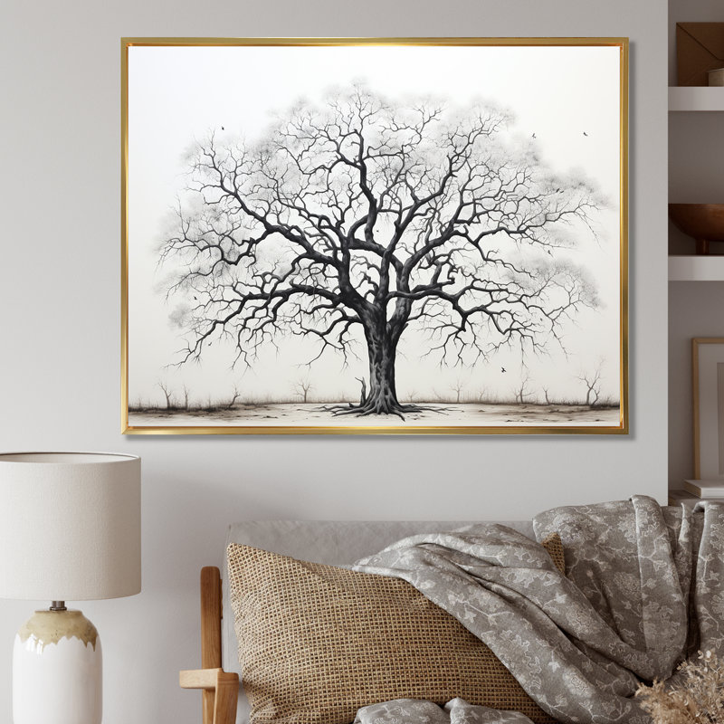 Minimalisme, arbres en chêne noir et blanc II, art mural sur toile de chêne, Cadre flottant doré