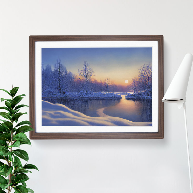Winter Forest Lake Sunrise - Framed Print, 25cm H x 34cm W x 2cm D, Walnut