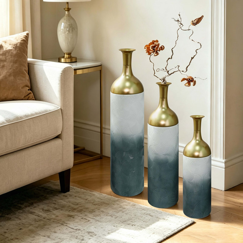 Ensemble de 3 vases élégants en métal, vases de sol à motif de feuilles, grands vases pour la décoration intérieure, décoration de salon et d'entrée