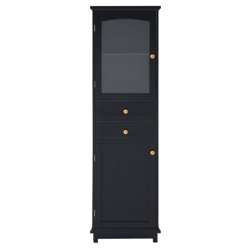 63" Tall Bathroom Storage Cabinet With Glass Doors, Black