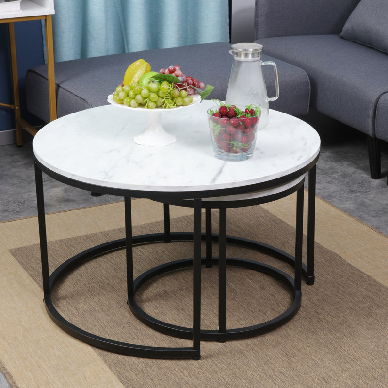 Oryan Frame Nesting Tables Set - 2-Tier Storage End Tables, Space Saving, Marble, Black