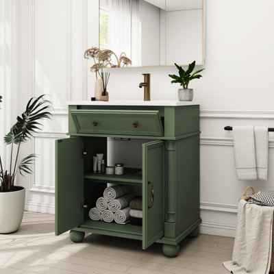 Lavabo de salle de bain de style médiéval, structure en bois massif, tiroir à dessus rabattable pour salle de bain bien rangée 28 po avec poignées en métal, base à colonne romaine, outils de nettoyage pour rangement