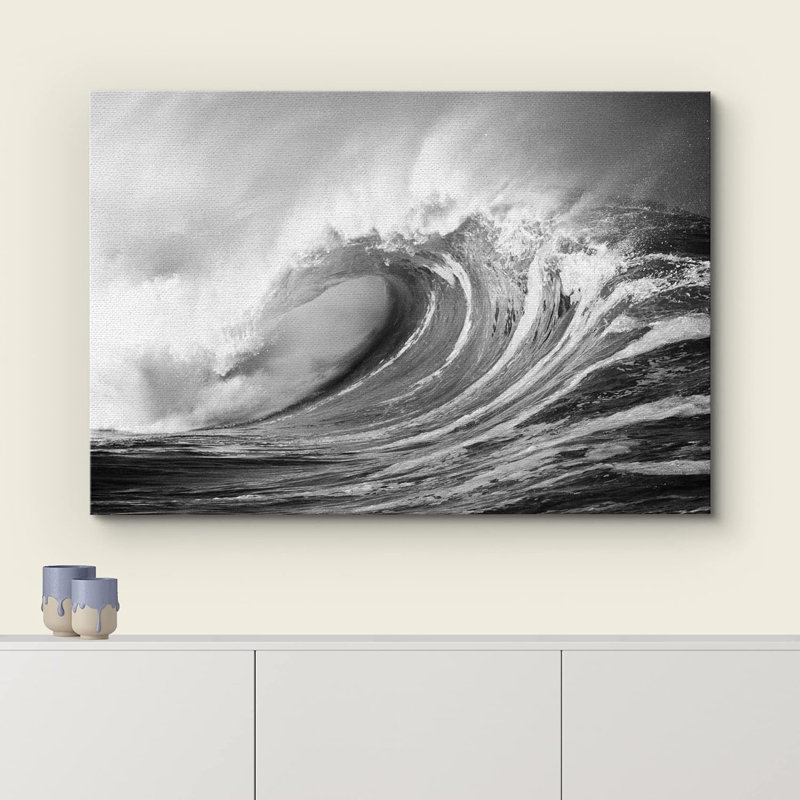 Plage côtière, vagues en noir et blanc, mer nautique, Toile tendue, H 12 po x l 18 po