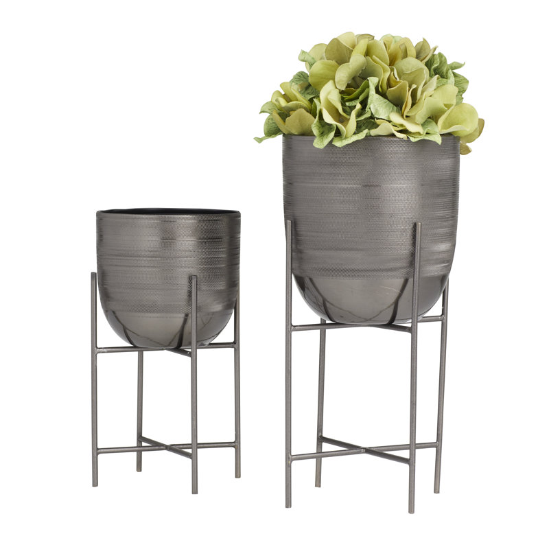 Alodee 2 Piece Metal Indoor Outdoor Planter with Removable Stand Set, Gray