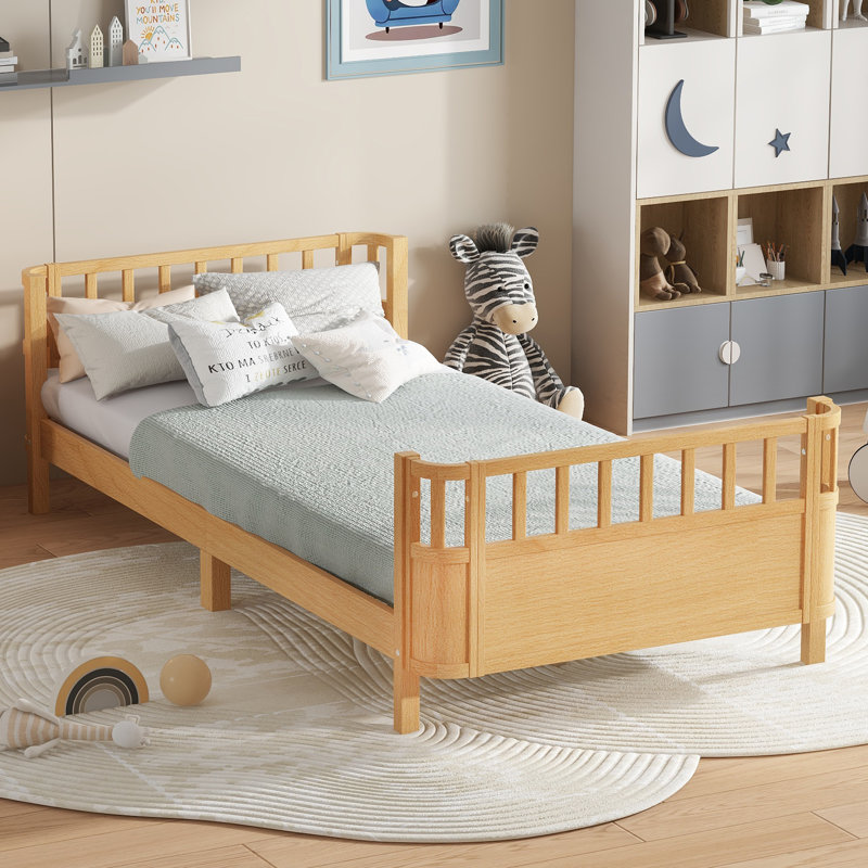 Full Size Kids Platform Bed with Safety Guardrails & Detachable Fence, Wood Frame for Bedroom,Natural, Natural, Full