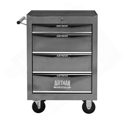 Coffre à outils roulant en métal avec 4 tiroirs, glissières à roulement à billes, rangement verrouillable et roulettes pivotantes pour la mobilité en atelier.