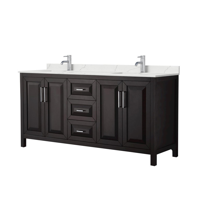 Meuble-lavabo double 72 po avec plateau en quartz Daria, Brun, Chrome poli, Quartz Giotto