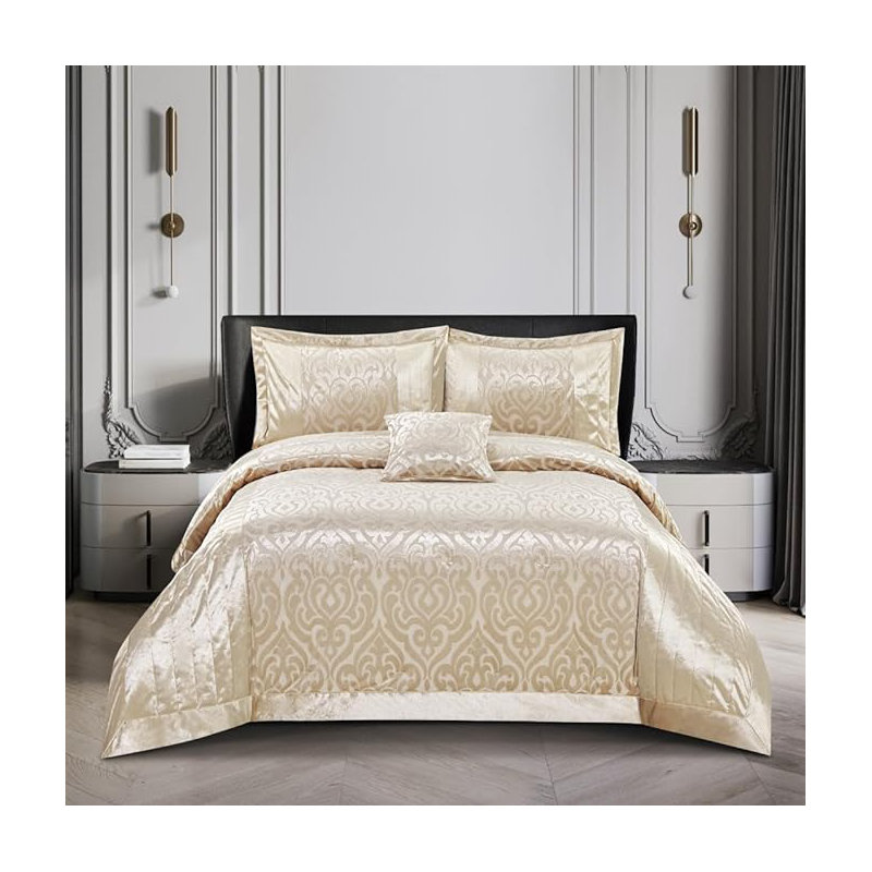 Bollara Velvet Damask Bedspread with Pillow Shams, Super King Bedspread + 2 Pillow Sham, Beige