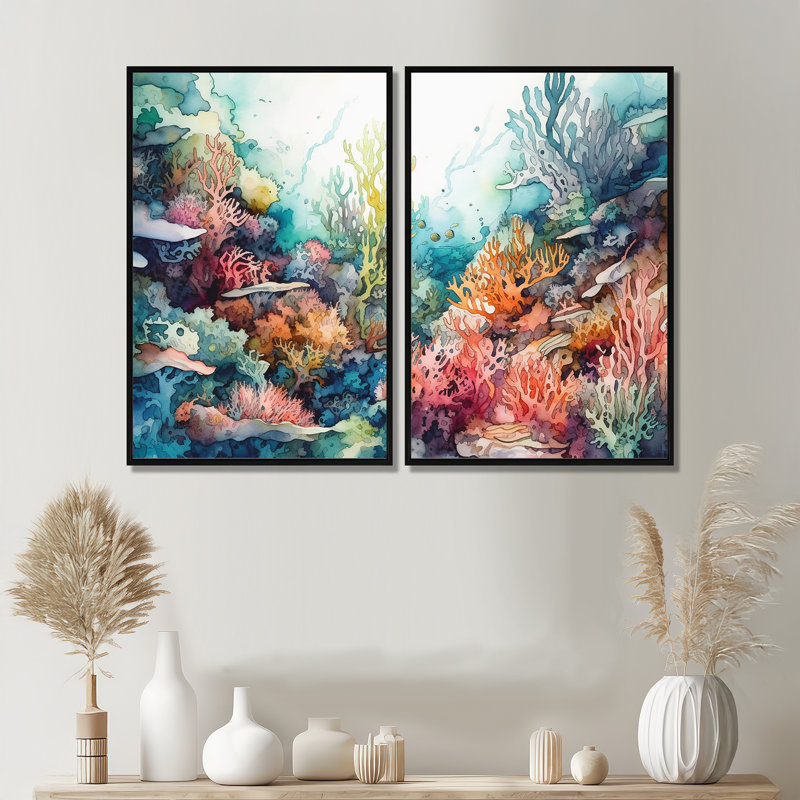 «Vibrant Coral Reef III», art mural moderne 2 pièces, Noir, H 36 po x l 48 po, Impression encadrée flottante