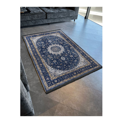 Navy Themed Traditional Motif Ethnic Patterned Vintage Decorative Rug