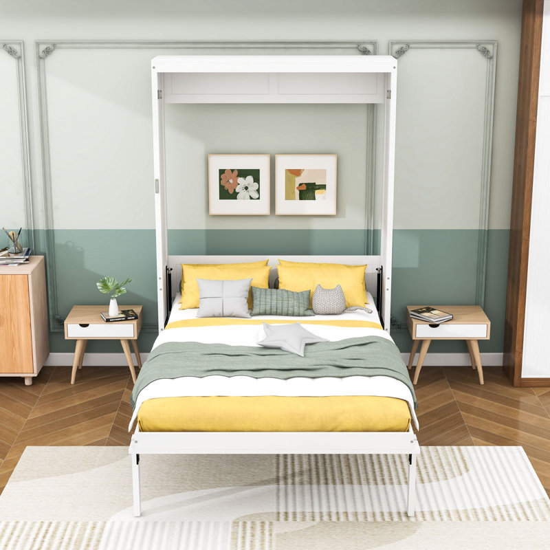 Lit escamotable double en bois avec 2 tiroirs