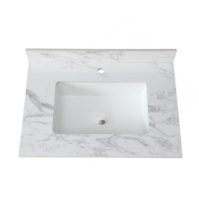 Dessus de meuble-lavabo 31 po x 22 po, dessus de meuble-lavabo en pierre frittée Carra White avec lavabo rectangulaire encastré en céramique avec dosseret, comptoir à un trou