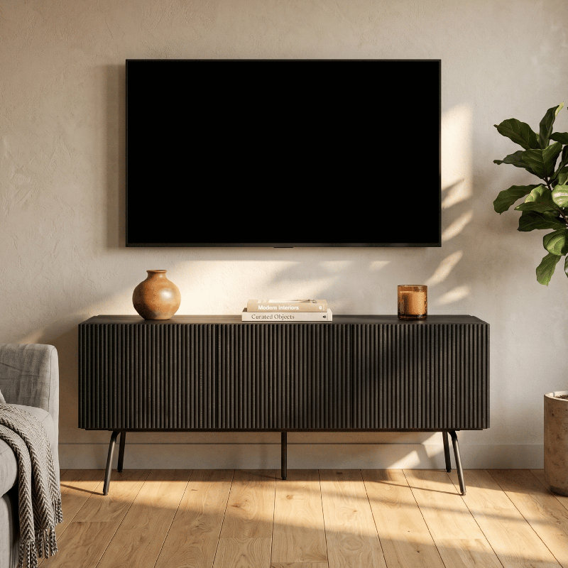 NTC Veil TV Stand with 3 Doors for TVs up to 60’’, Media Console with Vertical Groove Design and Metal Legs, Modern Entertainment Center for Living Room and Bedroom, Effortless Assembly